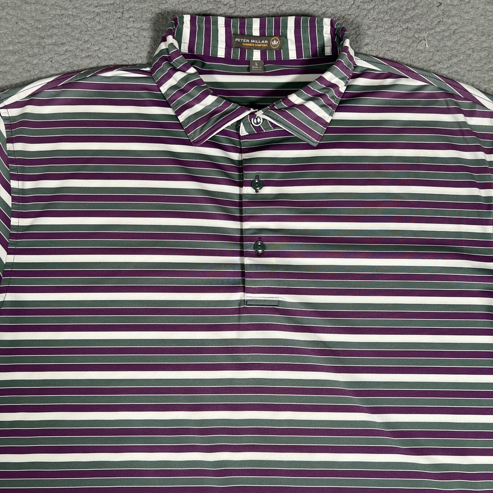 Peter Millar Shirt Mens Large Purple Striped Summer Comfort Golf Polo Casual‎